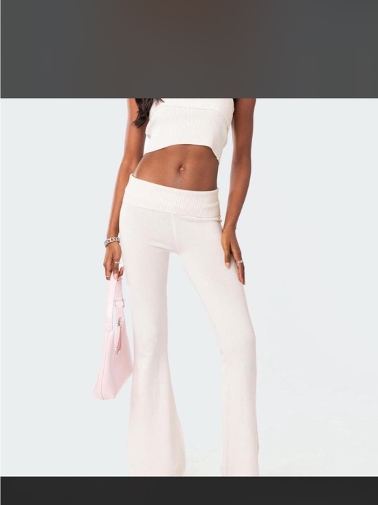 Edikted Pants - Edikted Fold-Over Waist Flare Pants - Cream